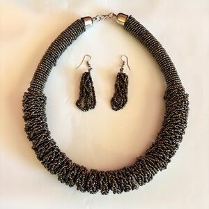 Kenya, Africa Handcrafted Gray Metallic Beaded Necklace and Earrings Set NEW